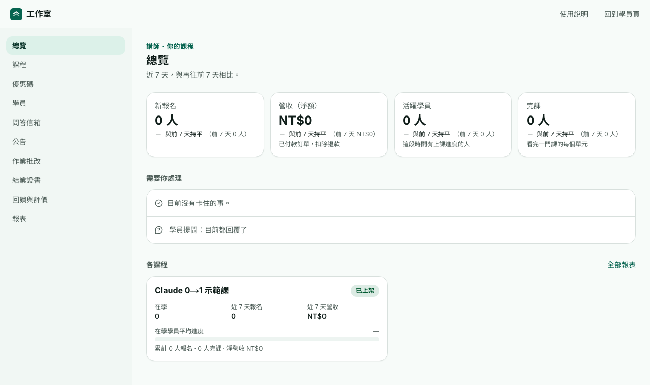 總覽：四個數字、需要你處理的事、各課程概況